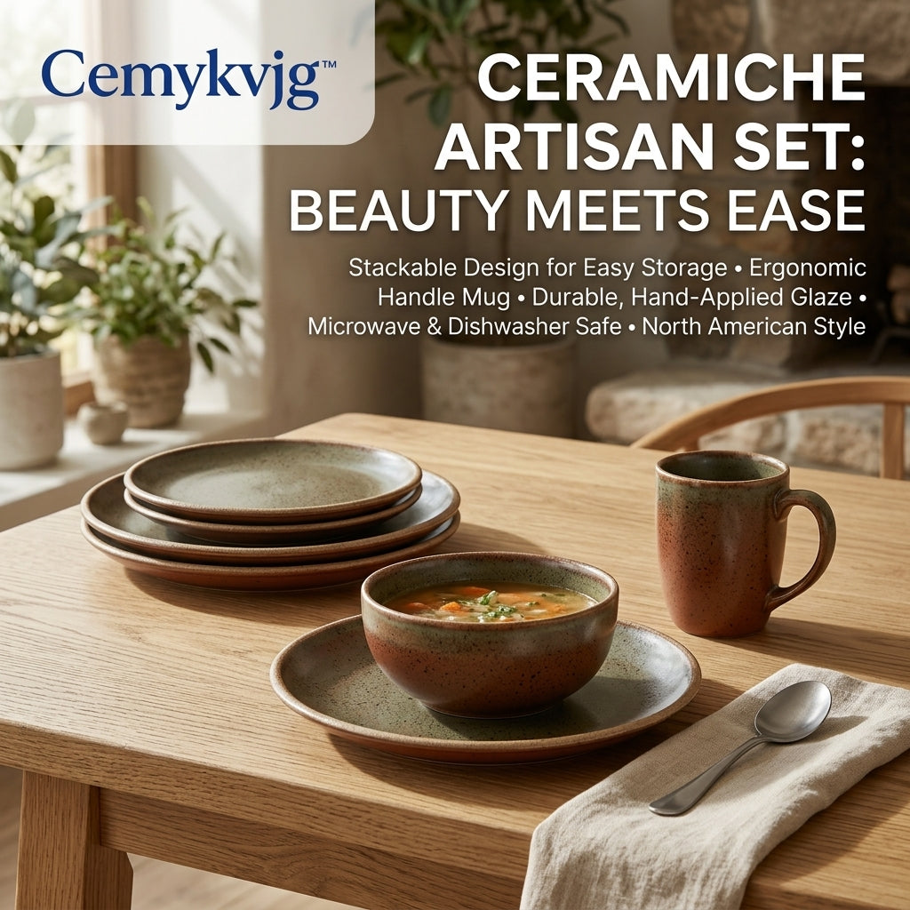 Cemykvjg™ Artisan Ceramic Dinnerware Set – Rustic Speckled Stackable Dinnerware Collection – Durable, Microwave & Dishwasher Safe – North American Style Plates, Bowls, and Mugs for Modern Homes