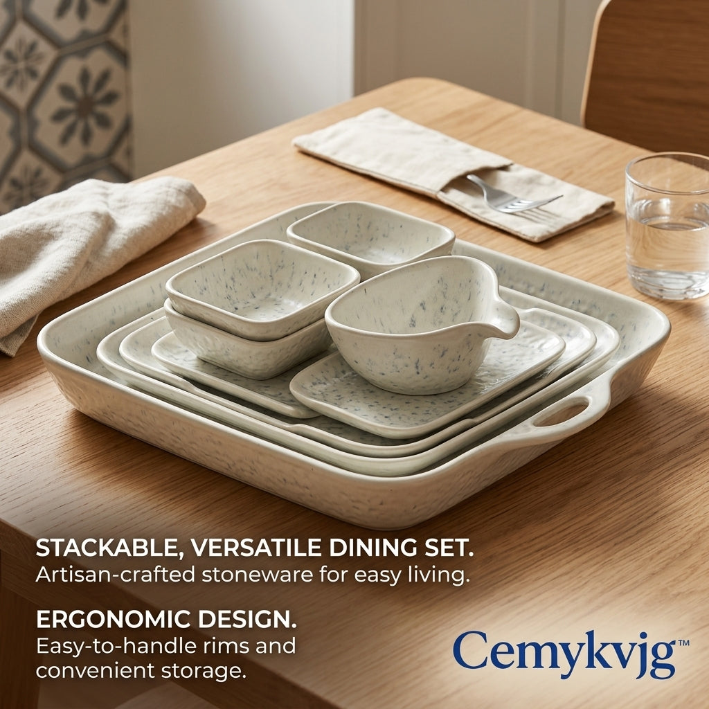 Cemykvjg™ Stackable Stoneware Dinnerware Set | Multi-Piece Ceramic Serving Tray & Nesting Bowls | Modern Speckled Appetizer Platters & Dipping Bowls for Entertaining and Daily Dining