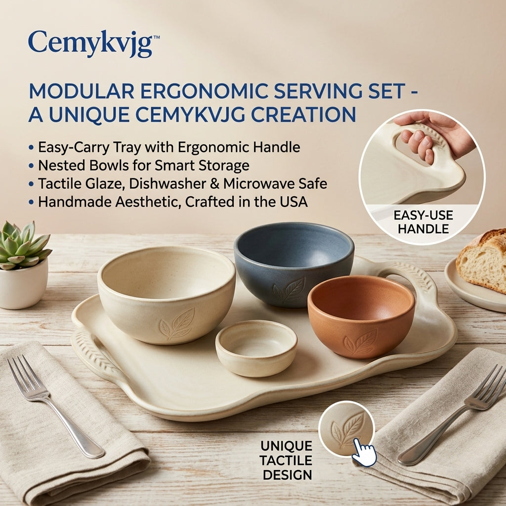 Cemykvjg™ Modular Ergonomic Serving Set | Handcrafted Ceramic Tray with Nested Bowls | Artisan Kitchenware for Elegant Hosting | Microwave & Dishwasher Safe, Made in USA