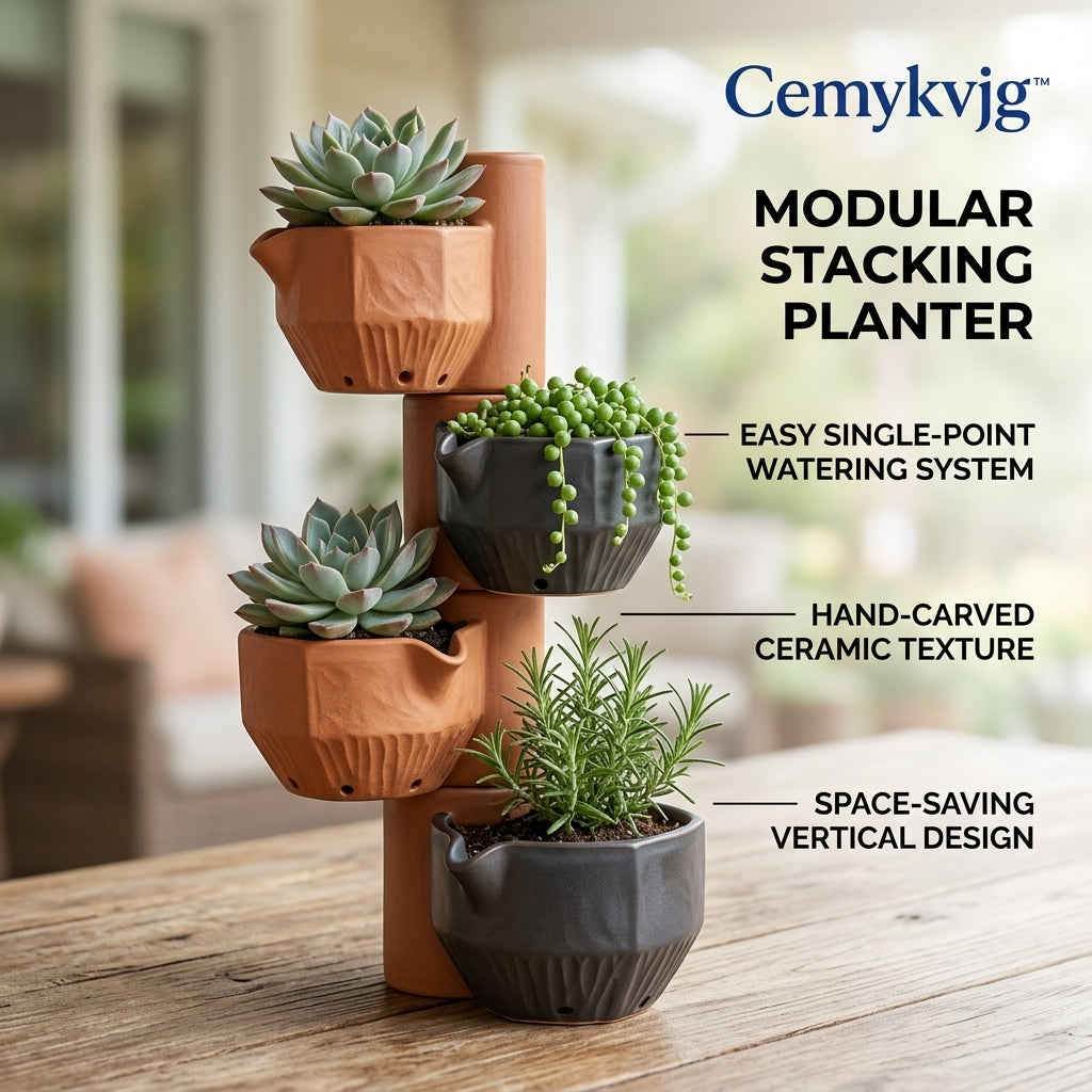 Cemykvjg™ Modular Stacking Planter – Vertical Ceramic Succulent Pot & Herb Garden Tower with Intelligent Single-Point Watering System for Modern Home & Patio Décor