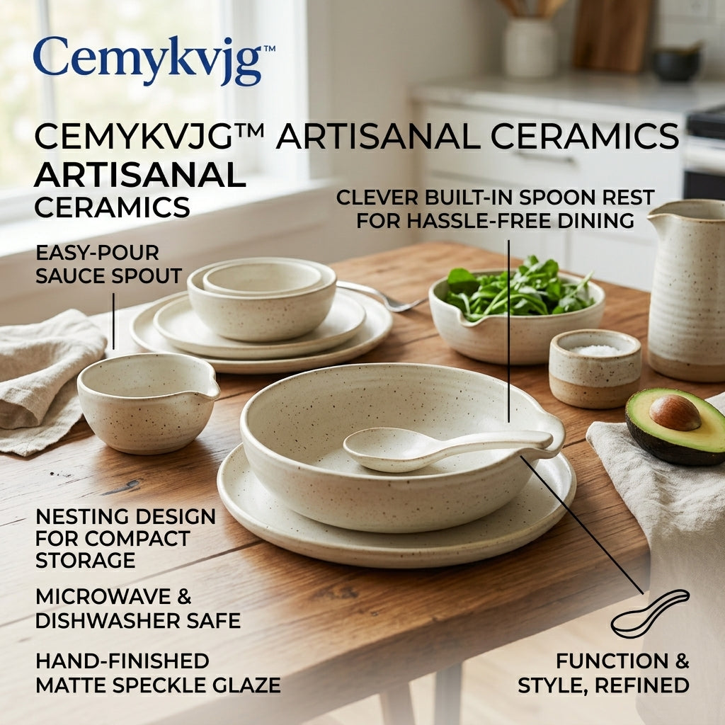 Cemykvjg™ Artisanal Ceramic Dinnerware Set – Modern Nesting Bowls with Built-in Spoon Rest & Easy-Pour Spout, Matte Speckle Glaze, Microwave & Dishwasher Safe, Unique Functional Kitchenware