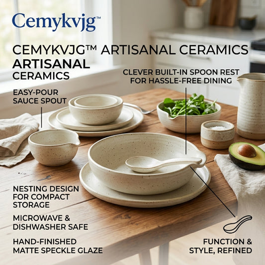 Cemykvjg™ Artisanal Ceramic Dinnerware Set – Modern Nesting Bowls with Built-in Spoon Rest & Easy-Pour Spout, Matte Speckle Glaze, Microwave & Dishwasher Safe, Unique Functional Kitchenware