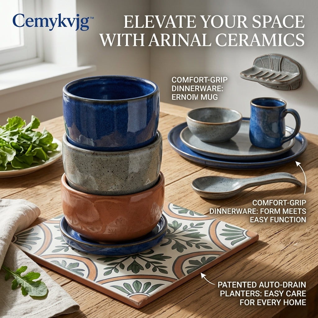 Cemykvjg™ Arinal Ceramic Dinnerware Collection – Handcrafted Rustic Stoneware Bowls, Plates & Mugs – Ergonomic Comfort-Grip Tableware for Modern Farmhouse Home Decor