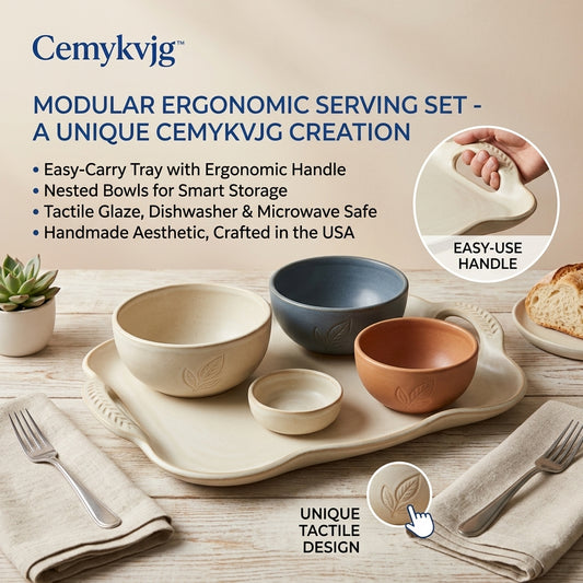 Cemykvjg™ Modular Ergonomic Serving Set | Handcrafted Ceramic Tray with Nested Bowls | Artisan Kitchenware for Elegant Hosting | Microwave & Dishwasher Safe, Made in USA