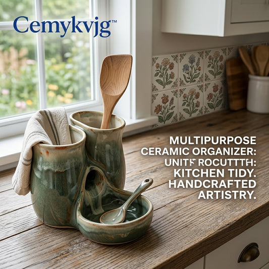 Cemykvjg™ Handcrafted Ceramic Kitchen Utensil Holder with Integrated Spoon Rest – 2-in-1 Countertop Organizer for Spatulas, Whisks, and Ladles – Rustic Farmhouse Decor, Sage Green Glaze