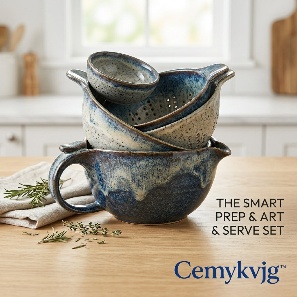 Cemykvjg™ Artisanal Ceramic Nesting Bowl & Colander Set – Rustic Stoneware Mixing Bowl with Spout, Strainer & Prep Bowls for Kitchen, Baking, and Serving