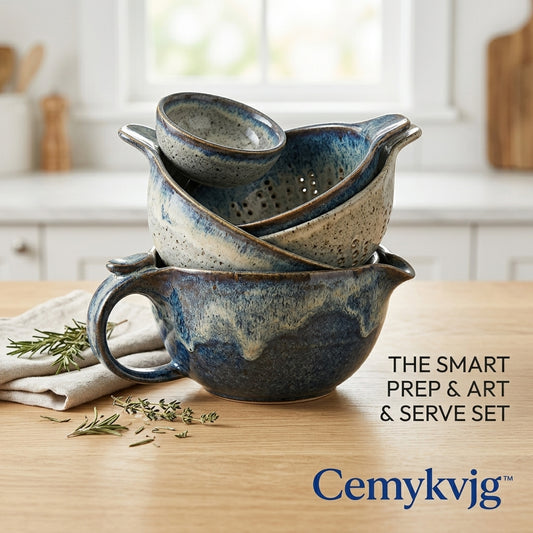Cemykvjg™ Artisanal Ceramic Nesting Bowl & Colander Set – Rustic Stoneware Mixing Bowl with Spout, Strainer & Prep Bowls for Kitchen, Baking, and Serving